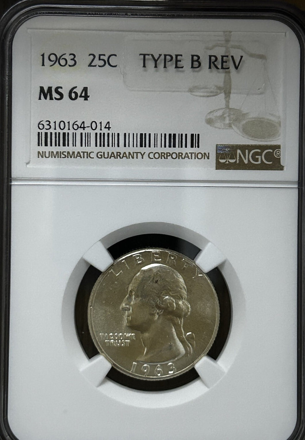 1963 25C Washington Quarter Type B Reverse NGC MS64 ~ 26304