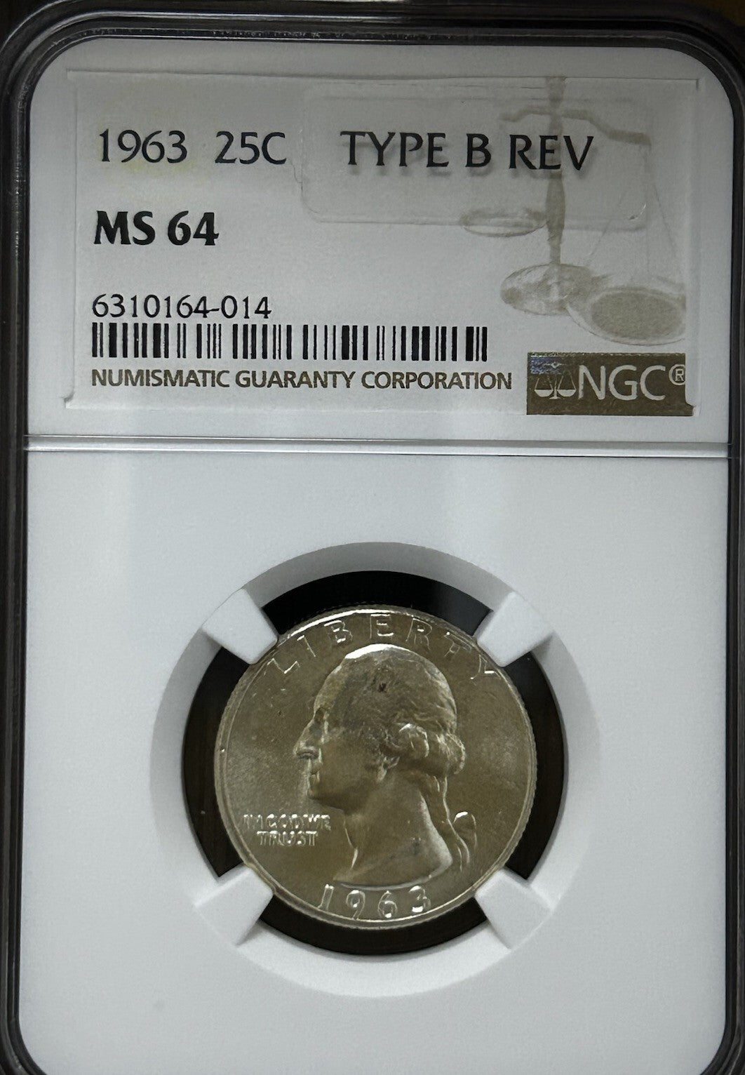 1963 25C Washington Quarter Type B Reverse NGC MS64 ~ 26304