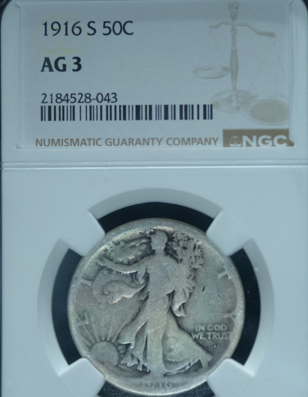 1916 S  50C Walking Liberty Half Dollar AG3 Rare Key Date  ~ 26498