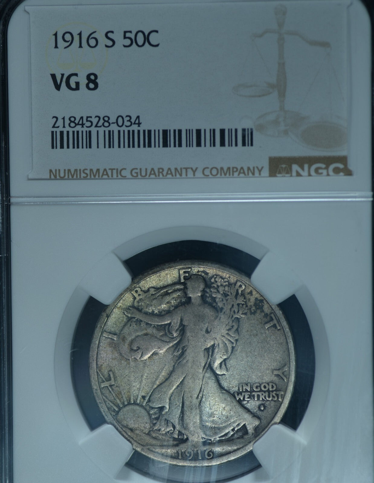 1916 S  50C Walking Liberty Half Dollar VG8 Rare Key Date  ~ 26497
